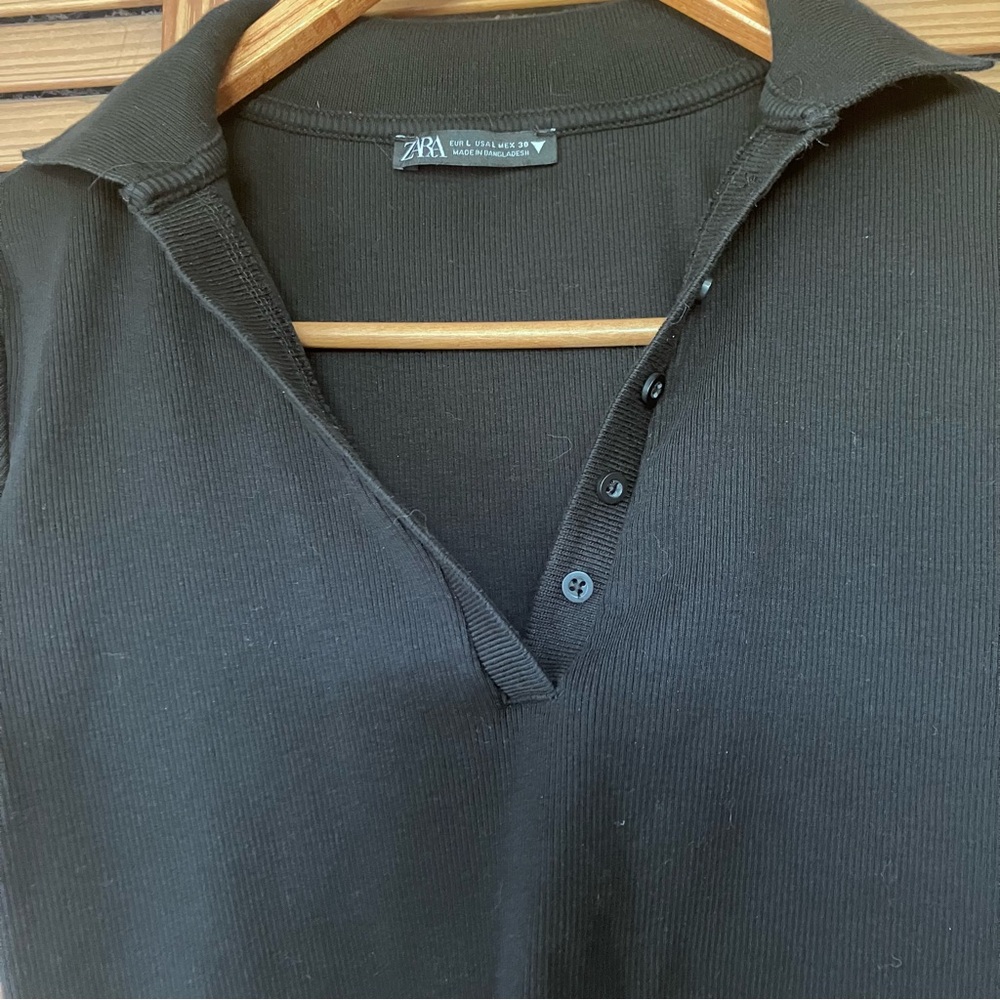 Zara Black Ribbed Knit Long Sleeve Cropped Basic Polo Top Women’s Large - Picture 5 of 8